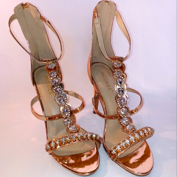 Jacobies Shoes Jacobies Diamond Studded Rose Gold Strappy Stilettos